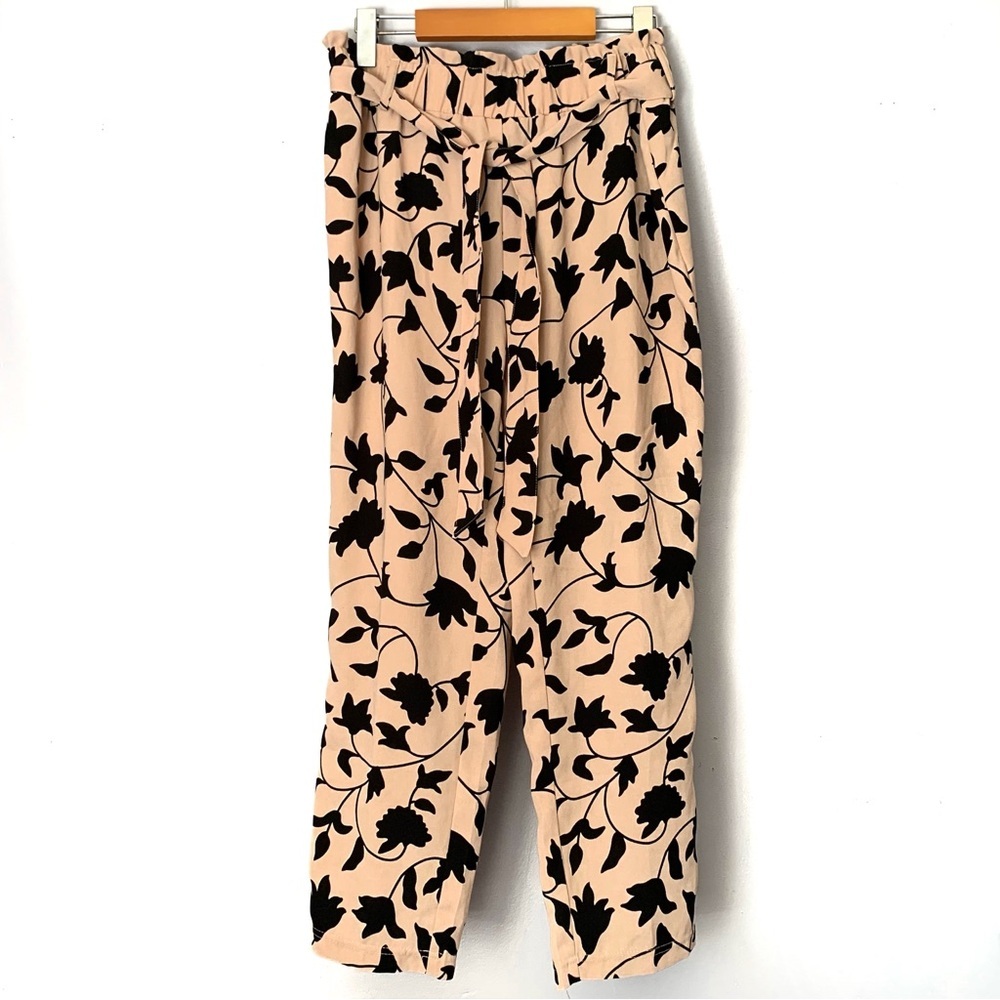 Ladies Floral Print Paper Bag Waist Pants Size Medium